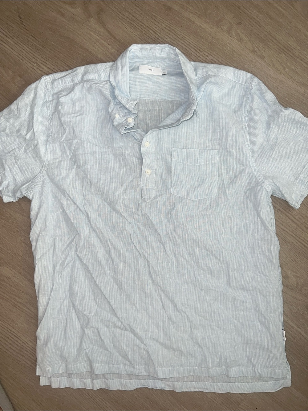 Onia Pale Blue striped beach Linen Short-Sleeve Polo